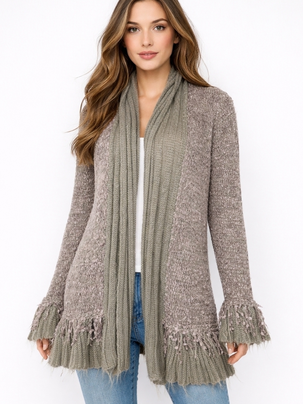 Sioni Taupe & Olive Open-Front Fringe Knit Cardigan